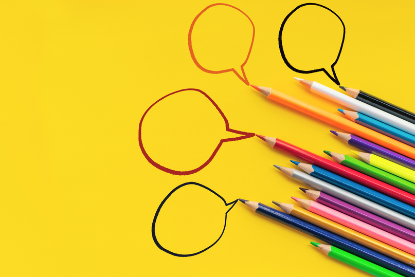 Community communication, represents people conference, social media interaction & engagement. group of pencils sharing idea on the yellow background with copy space